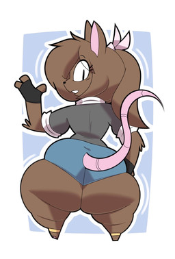 accessory anthro arm_tuft big_butt black_clothing black_topwear blue_bottomwear blue_clothing blue_shorts bottomwear brown_body brown_fur brown_hair butt clothing eye_through_hair eyelashes female fingerless_gloves fur furgonomic_bottomwear furgonomics gloves hair hair_accessory hair_tie hand_on_hip handwear head_turned huge_butt looking_at_viewer looking_back looking_back_at_viewer outline ponytail rear_view shorts solo tail thick_thighs tight_clothing topwear translucent translucent_hair tuft white_outline maddeku reese_(flare-zen) mammal murid murine rat rodent hi_res
