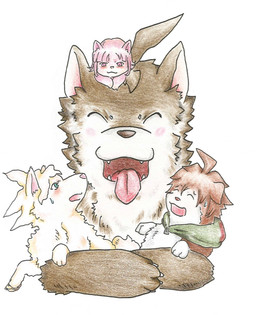 alternate_species ambiguous_gender blush blush_stickers bodily_fluids brown_body brown_fur brown_nose cute_fangs eyes_closed fangs female feral front_view fur furrification green_eyes group looking_at_another multicolored_body multicolored_fur open_mouth open_smile pink_body pink_fur pink_inner_ear pink_nose simple_background size_difference smile sweat sweatdrop teeth tongue tongue_out toony two_tone_body two_tone_fur white_background white_body white_fur xyz820815 danganronpa danganronpa:_trigger_happy_havoc danganronpa_2 spike_chunsoft chiaki_nanami hajime_hinata makoto_naegi nagito_komaeda canid canine canis domestic_dog mammal 2015 hi_res traditional_media_(artwork)