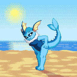 anthro anthrofied beach blue_body breasts clothed clothing day female looking_at_viewer one-piece_swimsuit outside pokemorph sand sky smile solo standing swimwear tail water zeka10000 nintendo pokemon eeveelution generation_1_pokemon pokemon_(species) vaporeon 1:1 digital_media_(artwork) pixel_(artwork)