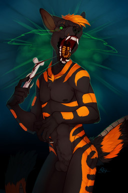 animal_genitalia anthro balls black_balls black_body black_fur black_nipples black_nose blood bodily_fluids bone chest_tuft fangs fully_sheathed fur genitals glistening glistening_eyes green_eyes hair male nipples nude open_mouth orange_body orange_fur orange_hair orange_tongue pupils sheath simple_background slit_pupils solo standing teeth tongue tuft unusual_anatomy unusual_tongue riorix canid mammal 2017 dated hi_res portrait signature three-quarter_portrait