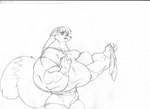 anthro biceps big_muscles canid canine clothed clothing female ffuffle fox greyscale hair huge_muscles hyper hyper_muscles long_hair mammal monochrome muscular muscular_anthro muscular_female shirt simple_background sketch solo tail topwear traditional_media_(artwork) white_background