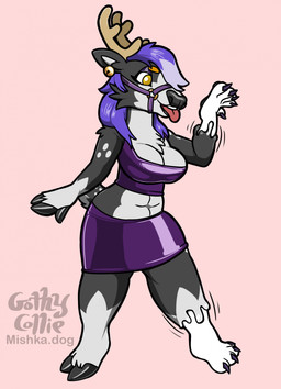 anthro bell bottomwear clothing female fingers fur grey_body grey_fur hair hooved_fingers hooved_toes hooves latex latex_bottomwear latex_clothing latex_skirt latex_topwear latex_transformation liquid_latex purple_hair reindeer_antlers skirt slightly_chubby slightly_chubby_anthro slightly_chubby_female solo tongue tongue_out topwear transformation yellow_eyes gothycollie mishka_(gothycollie) deer mammal new_world_deer reindeer hi_res