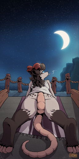 4_toes accessory anthro arm_tuft barefoot biped black_hair blue_clothing blue_eyes blue_shirt blue_topwear bottomless bow_ribbon butt cigarette clothed clothing convenient_censorship crescent_moon detailed_background elbow_tuft eyebrows eyelashes feet female fur grey_body grey_fur hair hair_accessory hair_bow hair_ribbon leg_tuft logo long_tail looking_up lying markings moon on_front paws pink_body pink_skin plantigrade ribbons sea seaside shirt shoulder_tuft sky smoking soles solo spots spotted_body spotted_butt spotted_fur star starry_sky tail text toeless_(marking) toes topwear tuft water posspowered bonnie_vale_(posspowered) american_opossum mammal marsupial virginia_opossum 2023 artist_logo artist_name hi_res