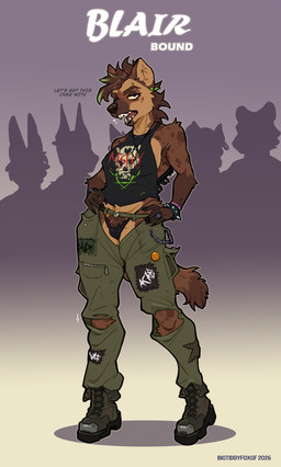 anthro armpit_hair barbell_piercing black_clothing black_panties black_underwear body_hair boots bottomwear bracelet breasts brown_body brown_fur brown_hair camel_toe clothed clothed_anthro clothed_female clothing dialogue female fluffy fluffy_tail footwear fur green_highlights hair highlights_(coloring) jewelry looking_at_viewer markings multicolored_body multicolored_fur multicolored_hair nipple_outline panties pants piercing pube_peek pubes purple_eyes shirt shoes solo spiked_bracelet spikes spots spotted_arms spotted_body spotted_fur spotted_legs spotted_shoulders tail tan_body tan_fur tank_top text topwear two_tone_body two_tone_fur two_tone_hair underwear bigtiddyfox blair_(bigtiddyfox) hyena mammal 2026 absurd_res english_text hi_res