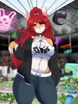 anthro bottomwear breasts choker city city_background clothed clothing colored_nails crop_top detailed_background female fur hair hologram jacket jewelry lipstick long_hair looking_at_viewer makeup midriff nails necklace orange_body orange_fur pants pink_nails ponytail pose purple_eyes red_hair science_fiction shirt solo topwear white_body yoga_pants sly_shadex natalie_(sly_shadex) domestic_cat felid feline felis mammal hi_res