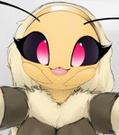anthro biped black_sclera blep blowing_raspberries bodily_fluids breasts face_focus female fur hair heart_symbol looking_at_viewer making_faces non-mammal_breasts pbbt pbbth pink_eyes solo tongue tongue_out yellow_body yellow_fur thousandfoldfeathers blossom_(thousandfoldfeathers) arthropod bee hymenopteran insect hi_res