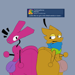 big_bulge big_butt blue_clothing bulge butt clothing duo fur green_clothing huge_bulge huge_butt male message orange_body orange_fur pink_body pink_fur scarf surprised underwear bunbuun thatdawgmurray e621 bun_(bunbuun) murray_(thatdawgmurray) canid canine fox humanoid lagomorph leporid mammal rabbit hi_res