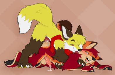 4_fingers 4_toes anal anal_penetration anthro balls black_nose black_pawpads blue_sclera bodily_fluids brown_arms brown_body brown_ears brown_eyebrows brown_fur brown_legs claws cum dipstick_ears dipstick_tail duo ear_markings erection eyebrows fangs feet fingers fur genital_fluids genitals inner_ear_fluff knot knotted_penis leaking_cum licking looking_at_another looking_at_viewer looking_back looking_back_at_viewer male male/male male_penetrated male_penetrating male_penetrating_male markings mostly_nude multicolored_body multicolored_ears multicolored_fur nude nude_anthro nude_male one_eye_closed open_mouth orange_body orange_fur pattern_background pawpads paws penetration penile penile_penetration penis penis_in_ass red_body red_eyes red_fur red_scarf scarf scarf_only sex simple_background tail tail_markings tan_body tan_fur tan_inner_ear teeth toes tongue tuft white_body white_fur white_inner_ear_fluff yellow_pawpads decodecker canid canine canis coyote fox mammal 2025 hi_res