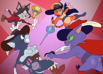 abstract_background anthro belt black_body black_fur black_nose boots butt cape chest_tuft claws clothing crown dipstick_tail eyes_closed fangs fight fighting_pose footwear fur glistening glistening_butt gloves green_eyes group handwear hat headgear headwear male markings megaphone melee_weapon multicolored_body orange_body orange_fur pink_nose pose pouch_(clothing) purple_body purple_fur rapier shoes stripes sword tail tail_markings teeth toony tuft two_tone_body weapon white_markings gavanzude dreamworks final_fantasy final_fantasy_vii grimm's_fairy_tale_classics puss_in_boots_(fairy_tale) puss_in_boots_(franchise) square_enix cait_sith_(ff7) cait_sith_(megami_tensei) puss_in_boots_(dreamworks) domestic_cat felid feline felis mammal alternate_version_at_paywall digital_drawing_(artwork) digital_media_(artwork) hi_res signature