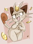 ambiguous_gender coin glint gold_(metal) gold_coin half-closed_eyes narrowed_eyes simple_background solo standing iceeon nintendo pokemon domestic_cat felid feline felis generation_1_pokemon mammal meowth pokemon_(species) digital_media_(artwork)