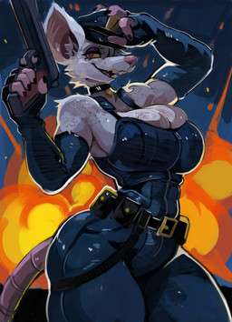 anthro armwear belt big_breasts big_ears black_armwear black_clothing black_elbow_gloves black_gloves black_handwear breasts buckteeth cleavage cleavage_overflow clothed clothed_anthro clothed_female clothing elbow_gloves eyelashes eyeshadow female fingerless_gloves freckled_breasts freckled_face freckled_shoulders freckles fur gloves gun hair handgun handwear holding_gun holding_handgun holding_object holding_pistol holding_ranged_weapon holding_weapon long_eyelashes looking_at_viewer makeup orange_eyes overalls pistol police police_officer purple_eyeshadow ranged_weapon solo tail teeth thick_thighs weapon wearing_hat white_body white_fur white_hair wide_hips yellow_sclera murlbius officer_flint_(foresttherotten) mammal murid murine rat rodent hi_res