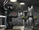 anthro apron big_breasts big_feet black_sclera breasts butt chair cleavage clothed clothing doctor duo feet female fur furniture grey_body grey_fur mask open_mouth restrained side_boob sitting strapped_to_a_chair teeth yellow_eyes ozoneserpent iku canid canine canis mammal monster wolf grey_theme