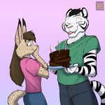 anthro birthday_cake cake clothed clothing dessert duo female food fur gradient_background male markings pink_nose simple_background spots spotted_body spotted_fur striped_body striped_fur stripes tan_body tan_fur tongue tongue_out white_body white_fur foxenawolf mark_m'rega tielle_(tigermark) felid feline lynx mammal pantherine tiger 1:1