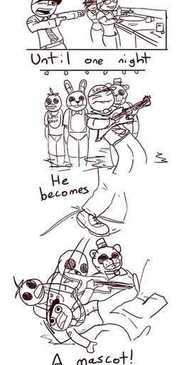 bib bodily_fluids bow_(feature) bow_tie chair clothing duo electric_guitar electronics female furniture guitar hat headgear headwear male microphone musical_instrument necktie parody plucked_string_instrument sad smile string_instrument sweat tablet text top_hat crisis-omega comedy_central five_nights_at_freddy's scottgames south_park bonnie_(fnaf) chica_(fnaf) freddy_(fnaf) mike_schmidt avian bear bird chicken galliform human lagomorph leporid mammal phasianid rabbit comic english_text hi_res letterbox long_image monochrome tall_image