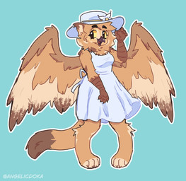 anthro clothing digitigrade dress feathered_wings feathers female flower_on_hat hand_on_hat hat headgear headwear simple_background smile solo sun_hat sundress white_clothing white_dress wings angelicdoka mythology sona_(noxiis) avian bird eastern_screech_owl felid feline gryphon mammal mythological_avian mythological_creature owl pallas's_cat screech_owl true_owl hi_res signature