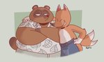 anthro apron blue_apron blue_clothing bottomwear brown_body brown_fur clothed clothing duo fur hug male overweight overweight_male shirt shorts topwear jassaberg animal_crossing nintendo crazy_redd tom_nook_(animal_crossing) canid canine fox mammal raccoon_dog tanuki 2020 5:3