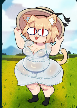 belly biped blonde_hair bottom_heavy breasts cleavage clothed clothed_female clothed_humanoid clothing curvy_figure day dress female female_humanoid field footwear glistening glistening_body glistening_skin grass hair hat headgear headwear holding_clothing holding_hat holding_headgear holding_headwear holding_object huge_hips inner_ear_fluff light_body light_skin looking_at_viewer medium_breasts open_mouth open_smile outside plant red_eyes shortstack shortstack_female slightly_chubby slightly_chubby_female slightly_chubby_humanoid smile solo standing sun_hat sundress tail tail_motion thick_thighs tuft voluptuous white_clothing white_dress wide_hips somescrub tsukihime type-moon neco-arc animal_humanoid cat_humanoid felid felid_humanoid feline feline_humanoid humanoid mammal mammal_humanoid neco_spirit 2026 absurd_res digital_drawing_(artwork) digital_media_(artwork) full-length_portrait hi_res portrait