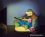 3_toes anthro bottomwear clothing electronics feet food furniture green_body male overweight overweight_male pants popcorn shirt sitting sofa solo television toes topwear watching_television ilustratorlatin brok_the_investigator cowcat_games brok_(brok_the_investigator) alligator alligatorid crocodilian reptile scalie 2024