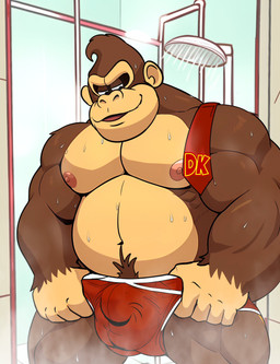 accessory anthro balls_outline barazoku bathing body_hair bulge clothed clothing clothing_pull detailed_bulge genital_outline half-closed_eyes happy_trail looking_down male muscular muscular_anthro muscular_male narrowed_eyes necktie nipples pecs shower showering slightly_chubby solo standing steam topless undressing water wet wet_body wrestling_singlet skyskater donkey_kong_(series) nintendo donkey_kong_(character) ape gorilla haplorhine mammal primate 2023 digital_media_(artwork) hi_res portrait story story_in_description three-quarter_portrait