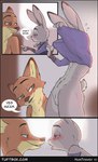 absurd_res bodily_fluids comic conditional_dnp cum dialogue disney female flat_chested genital_fluids genitals gesture hand_gesture hi_res judy_hopps lagomorph leporid male mammal nick_wilde nipples nude open_mouth pointing pussy rabbit smile standing taking_off_shirt text thick_thighs tuftbox zootopia