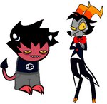 alternate_species astrological_symbol black_hair bow_tie cancer_(symbol) claws cursed_image duo eye_bags grey_body hair horn male not_furry red_body sharp_teeth spade_tail symbol tail teeth western_zodiac_symbol yellow_eyes anonymous_artist third-party_edit helluva_boss homestuck ms_paint_adventures karkat_vantas moxxie_(helluva_boss) alien humanoid imp troll_(homestuck)