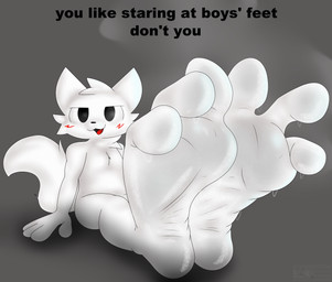 3_toes anthro big_feet black_nose blush bodily_fluids cheek_tuft facial_tuft feet foot_fetish foot_focus fur fur_tuft grey_background hand_on_ground head_tuft humanoid_feet looking_at_viewer male nude_anthro nude_male open_mouth open_smile plantigrade red_tongue simple_background sitting smile soles solo steam steamy_feet sweat sweaty_feet tail talking_to_viewer teasing teasing_viewer text toes tongue tuft white_body white_fur skonczonyidiota boy_kisser_(meme) silly_cat_(mauzymice) domestic_cat felid feline felis mammal english_text hi_res meme
