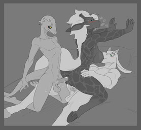 anthro blush bodily_fluids border breast_play breast_suck breasts breath double_penetration female grey_border group male male/female panting penetration sucking sweat trio jizzus maia_(zylanosz) bovid caprine giraffe giraffid goat lizard mammal reptile scalie