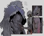 ambiguous_gender anthro armor balls big_penis black_sclera blue_eyes bodily_fluids bulge bulge_grab cape cloak clothed clothing duo ellipsis exclamation_point fangs flaccid foreskin fur genitals grey_background grey_body grey_fur groping_crotch hand_on_bulge headgear helmet holding_penis huge_penis humanoid_genitalia humanoid_penis interspecies knight larger_anthro larger_male looking_down male male/ambiguous male/male metal penis penis_grab retracted_foreskin scar simple_background size_difference speech_bubble standing teeth vein veiny_penis warrior kukumomo elden_ring fromsoftware blaidd_(elden_ring) tarnished_(elden_ring) canid canine canis human mammal wolf 2022