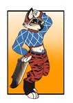 alternate_species animal_print anthro anthrofied furrification gun handgun jojo_pose male pistol ranged_weapon simple_background solo standing tiger_print weapon starseeker jojo's_bizarre_adventure guido_mista canid canine canis mammal wolf absurd_res hi_res