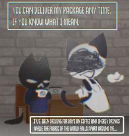 ambiguous_gender anthro apron beverage black_body black_clothing black_ears black_fur black_tail censored_eyes chair clothing coffee coffee_cup container cup duo eyes_closed fur furniture holding_beverage holding_coffee_cup holding_container holding_cup holding_object inside mug on_chair sitting sitting_on_chair table tail text text_box white_apron white_body white_clothing white_fur melle-d_(artist) easy_delivery_co. fit_(easy_delivery_co.) domestic_cat felid feline felis mammal 2025 censored chromatic_aberration digital_media_(artwork) english_text hi_res