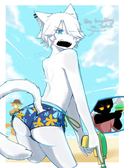 angry anthro beach big_butt black_body black_hair blue_eyes bottomwear bulge bulge_from_behind butt clothing cloud dialogue duo femboy hair male male/male pointing_gun rolled_up_sleeves shoreline shorts sky slim_male small_waist smooth_skin speech_bubble swimming_trunks swimwear tail thick_thighs toy toy_gun water water_gun wet wet_body white_body white_hair yellow_eyes dullanboi kiran_mann_(dullanboi) ming_yue_chen_(dullanboi) humanoid hi_res