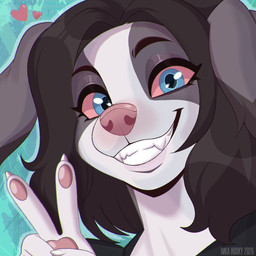 anthro female fur gesture hand_gesture happy multicolored_body multicolored_fur paws pink_nose red_eyes smile smiling_at_viewer solo teeth v_sign nika_husky alexa_(mystery.dog) border_collie canid canine canis collie domestic_dog herding_dog mammal pastoral_dog sheepdog hi_res
