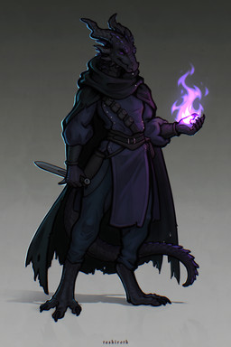 anthro armor bag biped black_body black_scales bottomwear claws cloak clothed clothing dagger digitigrade fantasy fantasy_clothing feet fire holding_object holding_weapon horn magic magic_user male melee_weapon pants purple_body purple_eyes purple_scales rim_light rimlight robe rogue scales simple_background solo spikes standing tail text toes topwear weapon tashiroth dungeons_and_dragons hasbro mythology wizards_of_the_coast dragon dragonborn_(dnd) kobold mythological_creature mythological_scalie reptile scalie digital_media_(artwork) full-length_portrait hi_res portrait