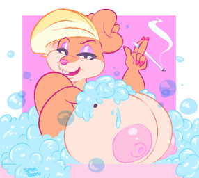 anthro areola bath bathing big_areola big_breasts breasts bubble buckteeth cigarette cigarette_smoke ears_as_hair eyeshadow female female_anthro hair hair_bun_ears half-closed_eyes hand_on_breast holding_cigarette holding_object huge_breasts lit_cigarette looking_at_viewer makeup markings mature_anthro mature_female mole_(marking) mole_on_breast narrowed_eyes nipples nude nude_anthro nude_female open_mouth open_smile raised_arm short_hair smile smoke smoking smoking_cigarette solo teeth smutbooru looney_tunes the_looney_tunes_show warner_brothers patricia_bunny lagomorph leporid mammal rabbit 2017 digital_media_(artwork)