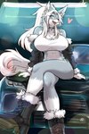 anthro big_breasts blue_eyes boots breasts car clothing female footwear hair heart_symbol kemono looking_at_viewer on_car ponytail shirt shoes smile smiling_at_viewer solo tank_top topwear vehicle ookamiwaho okami_bark canid canine canis mammal wolf 2:3 hi_res