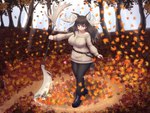 antlers autumn belt big_breasts boots bottomwear breasts brown_eyes brown_hair clothed clothing falling_leaves female footwear hair holding_object holding_weapon horn inner_ear_fluff jewelry leaf leaves_on_ground long_hair maple_leaf melee_weapon necklace pants shoes smile solo sweater topwear tuft weapon mo23 kemono_friends moose_(kemono_friends) animal_humanoid deer deer_humanoid humanoid mammal mammal_humanoid moose_humanoid new_world_deer new_world_deer_humanoid 4:3 hi_res