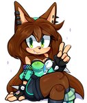 anthro armband brown_body brown_fur brown_hair clothed clothing ear_piercing female fingerless_gloves fur gesture gloves green_eyes hair hand_gesture handwear jewelry necklace piercing solo spiked_armband spikes v_sign ichig8miruku_(artist) sega sonic_the_hedgehog_(series) fan_character 2022 hi_res