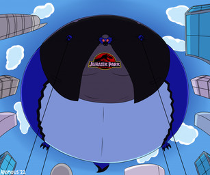 ambiguous_gender anthro belly belly_expansion belly_inflation blue_body blue_scales body_inflation bottomless building city claws clothed clothing cloud expansion floating hat headgear headwear held_by_string helium_inflation immobile inflation low-angle_view outside scales skyscraper solo spherical_inflation teeth text toe_claws worm's-eye_view animous jurassic_park universal_studios sublime_(dragonboy007) dinosaur dromaeosaurid prehistoric_species reptile scalie theropod velociraptor 2022 artist_name english_text