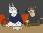 alcohol anthro beer beverage blue_eyes brown_body brown_fur chair clothing container cup duo fur furniture male open_mouth plate shirt sitting table teeth topwear white_body white_fur yellow_eyes skunkbutt_(artist) disney zootopia gary_(zootopia) larry_(zootopia) canid canine canis mammal wolf hi_res