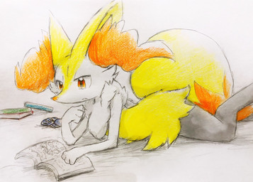 ambiguous_anthro ambiguous_gender anthro big_tail biped book closed_frown digitigrade dipstick_tail flat_chested frown lying markings mouth_closed on_front reading reading_book simple_background solo tail tail_markings eiroru nintendo pokemon braixen canid generation_6_pokemon mammal pokemon_(species) 2018 colored_pencil_(artwork) graphite_(artwork) hi_res japanese_description portrait three-quarter_portrait traditional_media_(artwork) translated_description