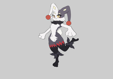 anthro black_body black_fur cheek_tuft facial_tuft female fur jester looking_at_viewer markings multicolored_body multicolored_fur neck_tuft red_markings short_tail simple_background smile solo tail tuft white_body white_fur yellow_eyes yellow_markings michaelthecat palworld pocketpair dupin_(pal) mammal pal_(species) absurd_res digital_media_(artwork) hi_res