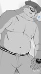 anthro belly belt birthmark bodily_fluids clothed clothing eyebrows facial_scar hat headgear headwear male markings musclegut muscular navel nipples pecs scar solo sweat thick_eyebrows topless harumuname lifewonders tokyo_afterschool_summoners moritaka_(tas) canid canine canis domestic_dog mammal 9:16 hi_res