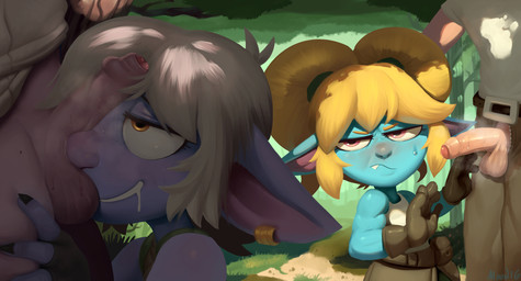 blonde_hair blue_body blue_skin blush bodily_fluids body_worship clothed clothing darkened_genitalia ear_piercing ear_ring fangs female foreskin forest genital_worship genitals glistening glistening_body group group_sex hair human_on_humanoid interspecies long_ears male male/female musk outside partially_clothed partially_retracted_foreskin penile penis penis_on_face penis_worship piercing plant ring_piercing sex shortstack sweat teeth tree lilmoonie league_of_legends riot_games tencent poppy_(lol) tristana_(lol) human humanoid mammal yordle absurd_res hi_res