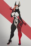 anthro barcode big_breasts bodysuit breasts clothing female footwear grey_eyes hair heart_symbol high_heels red_hair shoes simple_background skinsuit solo tight_clothing orinvega konami metal_gear metal_gear_rising:_revengeance platinumgames mistral rebi lagomorph leporid mammal rabbit hi_res