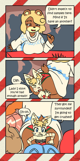 anthro between_buttocks between_butts black_nose blonde_eyebrows blonde_hair blue_bottomwear blue_clothing blue_jeans blue_pants blush blush_lines bodily_fluids bottomwear breasts brown_body brown_eyes brown_fur brown_stripes brown_tail butt butt_cleavage butt_on_face censored_breasts christmas_clothing christmas_sweater christmas_topwear clothed clothing crowd cute_fangs denim denim_bottomwear denim_clothing dialogue dress exclamation_point exposed_panties eyebrows eyelashes eyes_closed face_between_cheeks face_in_ass fangs female female/female fur grossed_out group hair holidays inner_ear_fluff jeans multicolored_body multicolored_fur oblivious open_mouth orange_tail panties pants pantsless pink_bottomwear pink_clothing pink_nose pink_pants red_clothing red_dress red_eyes red_panties red_topwear red_underwear sample scut_tail short_tail shoulderless_dress smile speech_bubble striped_body striped_fur stripes surprised sweat sweatdrop sweater tail talking_to_another tan_body tan_fur teeth text toothpick topwear trio tuft two_tone_body two_tone_fur underwear wardrobe_malfunction white_clothing white_sweater white_topwear worried young young_anthro young_female bisonvega christmas cat_girl_(bisonvega) bear canid canine domestic_cat felid feline felis fox mammal 1:2 2025 comic english_text hi_res