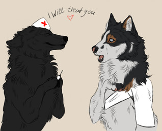ambiguous_gender black_body black_fur blue_eyes brown_markings cheek_tuft closed_smile duo ears_back eyes_closed facial_tuft fangs feral fur glistening glistening_eyes holding_syringe inner_ear_fluff markings mouth_closed neck_tuft open_mouth pivoted_ears red_tongue semi-anthro side_view simple_background smile teeth tongue tuft white_body white_fur white_inner_ear_fluff msdeadsoul canid canine mammal hi_res