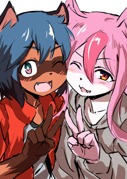 5_fingers anthro black_hair black_nose blue_eyes blue_hair blush brown_body brown_fur clothed clothing cute_fangs duo fangs female fingers fully_clothed fur gesture hair hand_gesture jacket kemono long_hair looking_at_viewer multicolored_hair one_eye_closed open_mouth pink_body pink_fur pink_hair short_hair simple_background teeth topwear v_sign white_background white_body white_fur wink kagarimachi_ame brand_new_animal studio_trigger michiru_kagemori nazuna_hiwatashi canid canine fox mammal raccoon_dog tanuki 2020 hi_res