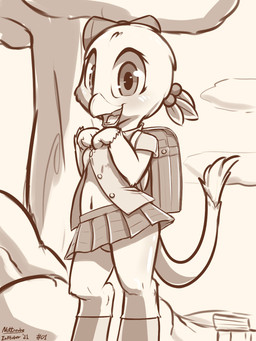 anthro backpack beak bottomwear bow_on_head clothed clothing detailed_background female looking_at_viewer miniskirt navel open_beak open_clothing open_mouth open_shirt open_topwear outside panties plant rock school_uniform shirt skimpy skirt solo standing tail tail_under_skirt topwear tree underwear uniform upskirt young young_anthro nottrevbe friendship_is_magic hasbro inktober my_little_pony mythology gabby_(mlp) avian gryphon mythological_avian mythological_creature 2021 digital_drawing_(artwork) digital_media_(artwork) hi_res signature