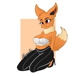 anthro big_breasts black_bottomwear black_clothing black_footwear black_high_heels black_nose black_pants bottomwear bra breasts brown_body brown_fur brown_tail brown_tuft cheek_tuft cleavage clothed clothing dipstick_tail facial_tuft female footwear fur high_heels kneeling markings navel pants purple_eyes ruff shoes solo strapless_bra strapless_clothing strapless_underwear sweatpants tail tail_markings tan_body tan_fur tan_ruff tan_tail_tip tuft underwear irgramfox nintendo pokemon canid canine eevee generation_1_pokemon mammal pokemon_(species) 1:1 absurd_res digital_drawing_(artwork) digital_media_(artwork) hi_res