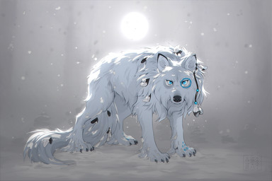 ambiguous_gender black_claws black_nose blue_eyes claws ear_piercing feathers feral fur looking_at_viewer piercing snout snow snow_on_fur solo standing tail white_body white_fur white_tail azzai canid canine canis mammal wolf 2025 3:2 colored colored_sketch digital_drawing_(artwork) digital_media_(artwork) shaded sketch